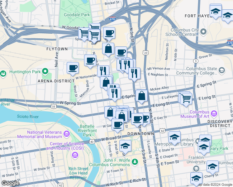 map of restaurants, bars, coffee shops, grocery stores, and more near 200 North High Street in Columbus
