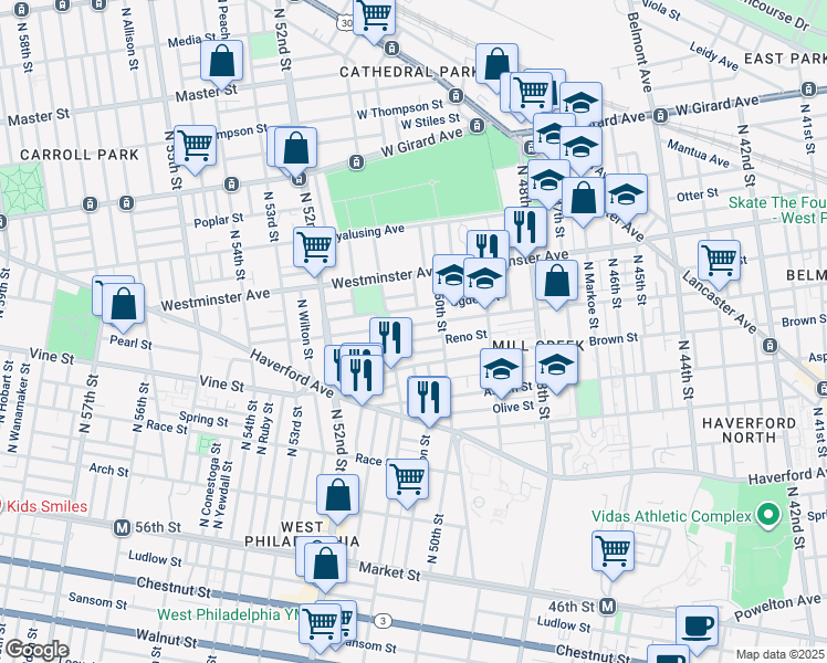 map of restaurants, bars, coffee shops, grocery stores, and more near 5045 Parrish Street in Philadelphia