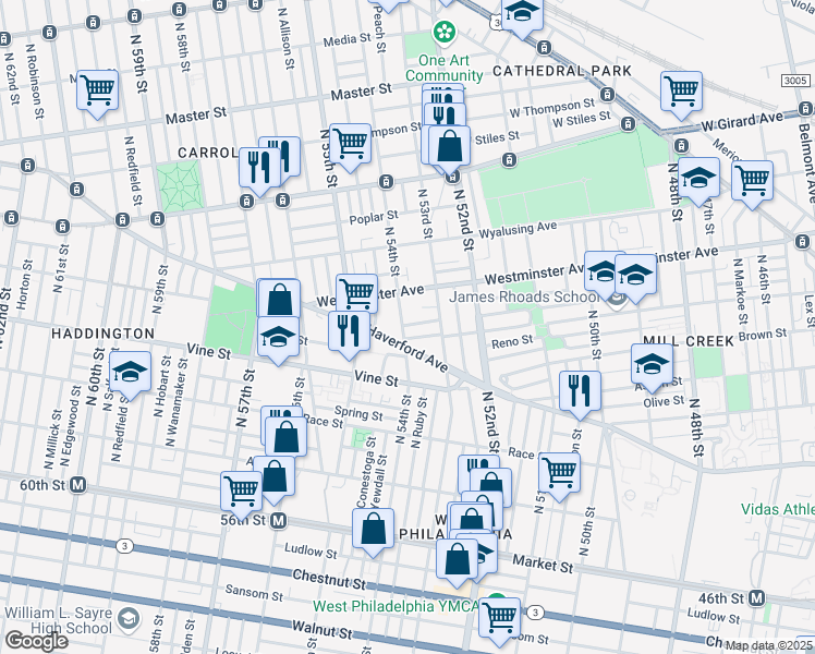 map of restaurants, bars, coffee shops, grocery stores, and more near 413 North 54th Street in Philadelphia