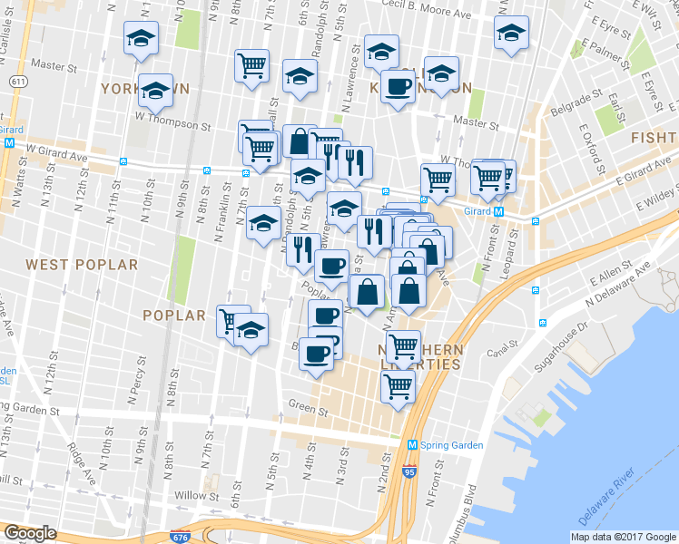 map of restaurants, bars, coffee shops, grocery stores, and more near N 4th St & W Wildey St in Philadelphia