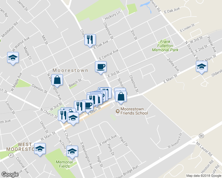 map of restaurants, bars, coffee shops, grocery stores, and more near Chester Avenue & East 2nd Street in Moorestown