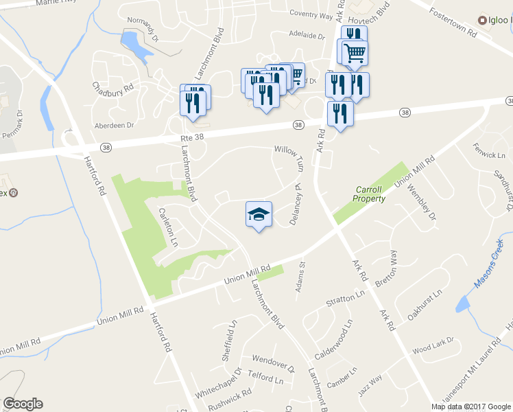 map of restaurants, bars, coffee shops, grocery stores, and more near 133A Chaucer Road in Mount Laurel Township
