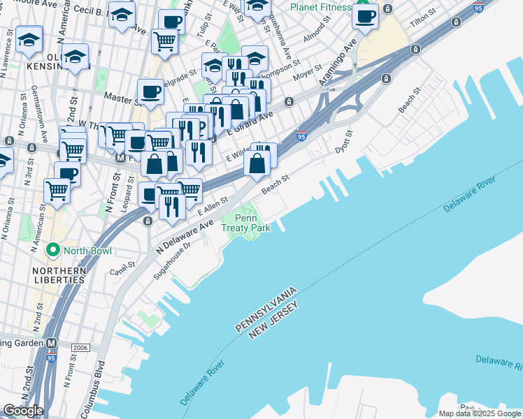 map of restaurants, bars, coffee shops, grocery stores, and more near 1341 North Delaware Avenue in Philadelphia