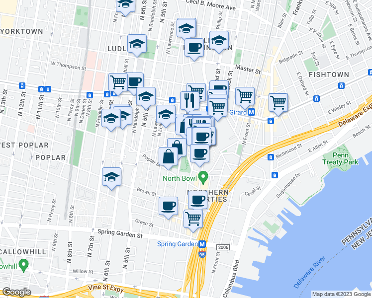 map of restaurants, bars, coffee shops, grocery stores, and more near 1031 North Orianna Street in Philadelphia