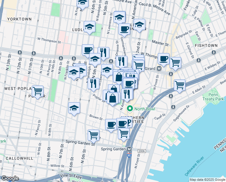 map of restaurants, bars, coffee shops, grocery stores, and more near 1031 North Orianna Street in Philadelphia