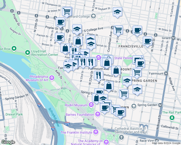 map of restaurants, bars, coffee shops, grocery stores, and more near 2200 Fairmount Avenue in Philadelphia