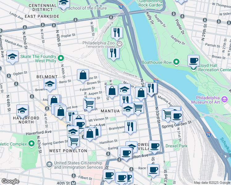 map of restaurants, bars, coffee shops, grocery stores, and more near 763 North 37th Street in Philadelphia