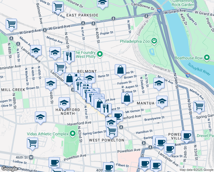map of restaurants, bars, coffee shops, grocery stores, and more near 3931 Brown Street in Philadelphia