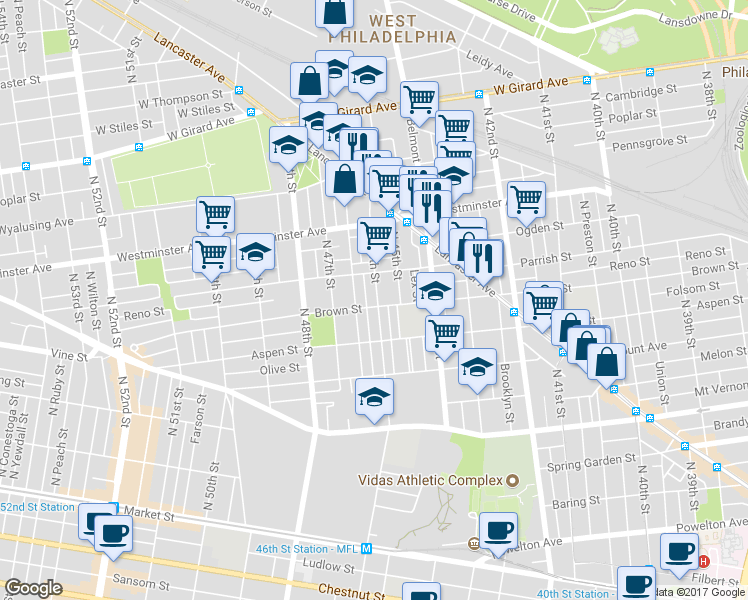 map of restaurants, bars, coffee shops, grocery stores, and more near 830 North 45th Street in Philadelphia
