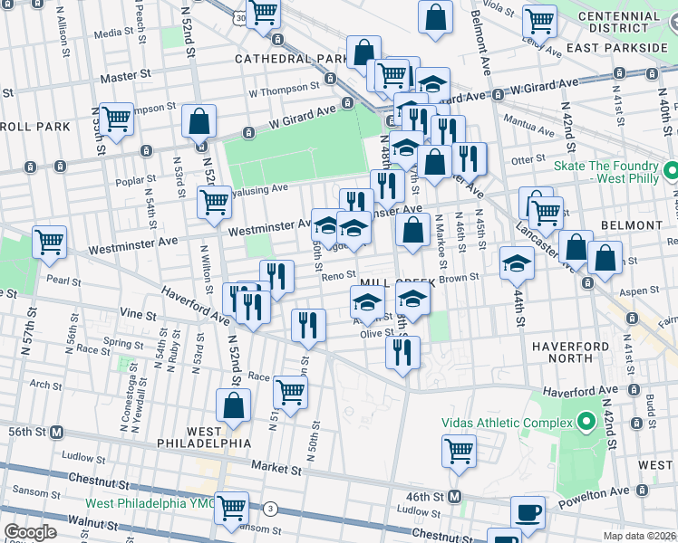 map of restaurants, bars, coffee shops, grocery stores, and more near 879 North 49th Street in Philadelphia