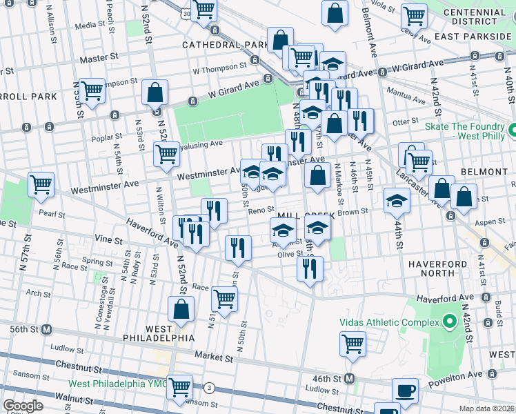 map of restaurants, bars, coffee shops, grocery stores, and more near 879 North 49th Street in Philadelphia