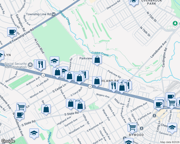 map of restaurants, bars, coffee shops, grocery stores, and more near 138 North Fairview Avenue in Delaware County