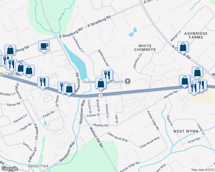 map of restaurants, bars, coffee shops, grocery stores, and more near 22 Lochwood Lane in West Chester
