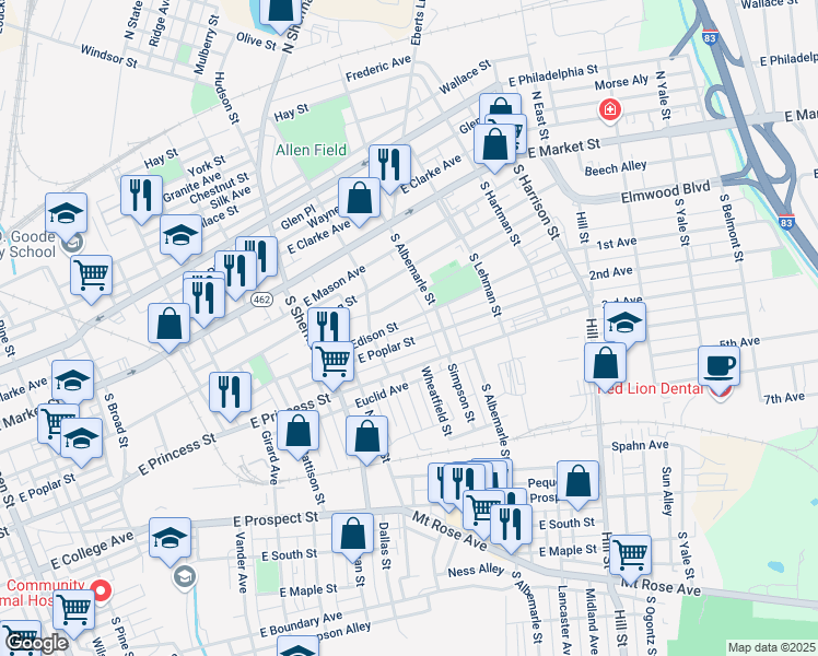 map of restaurants, bars, coffee shops, grocery stores, and more near 991 Edison Street in York