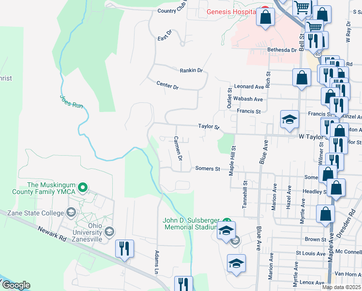 map of restaurants, bars, coffee shops, grocery stores, and more near 1184 Robin Court in Zanesville