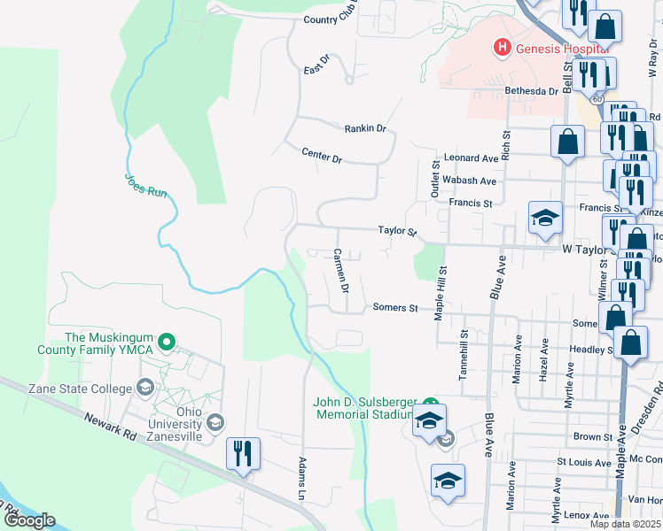 map of restaurants, bars, coffee shops, grocery stores, and more near 2385 Carmen Drive in Zanesville
