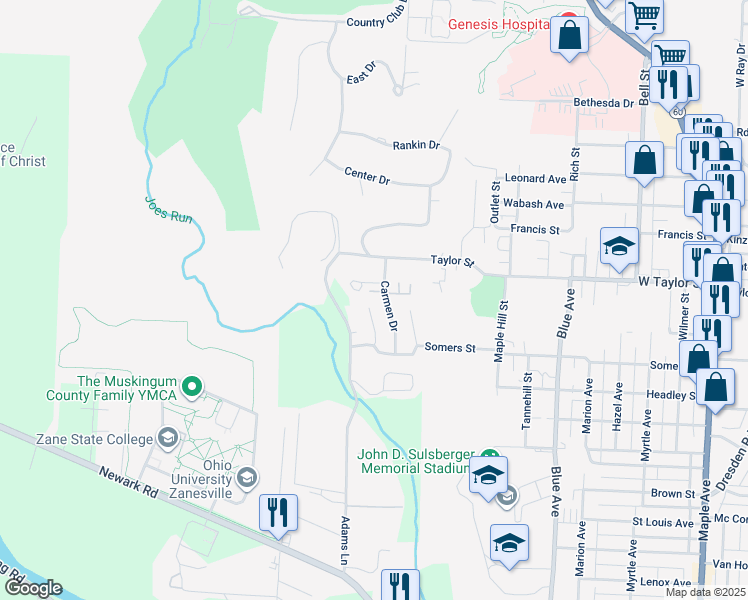 map of restaurants, bars, coffee shops, grocery stores, and more near 2385 Carmen Drive in Zanesville