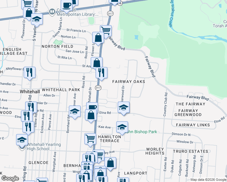 map of restaurants, bars, coffee shops, grocery stores, and more near 371 Shell Court South in Whitehall