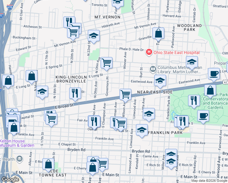 map of restaurants, bars, coffee shops, grocery stores, and more near 66-68 Governors Place in Columbus
