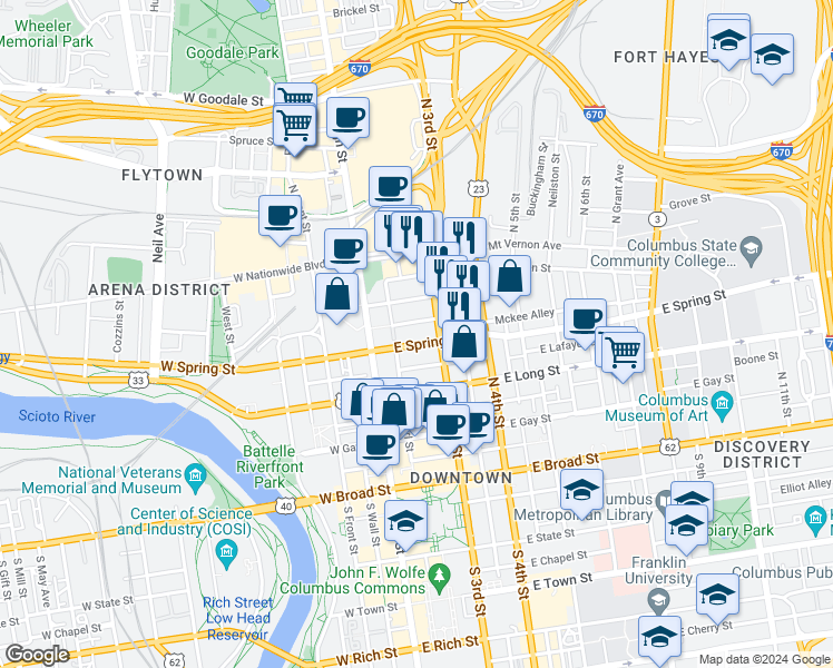map of restaurants, bars, coffee shops, grocery stores, and more near 253 North 3rd Street in Columbus