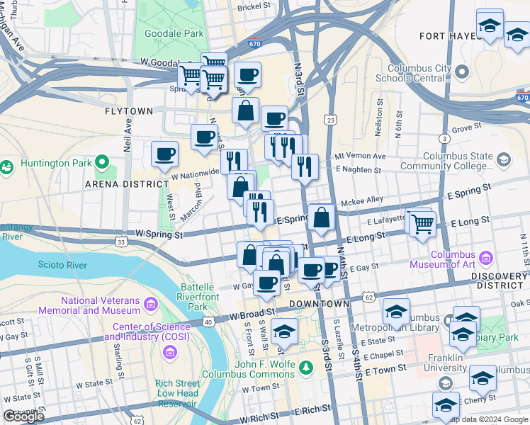 map of restaurants, bars, coffee shops, grocery stores, and more near 246 North High Street in Columbus