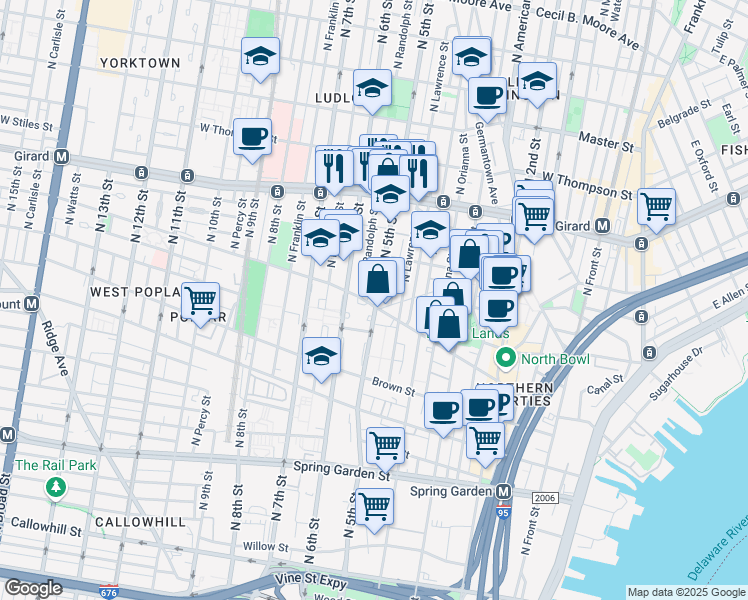 map of restaurants, bars, coffee shops, grocery stores, and more near 900 North 5th Street in Philadelphia