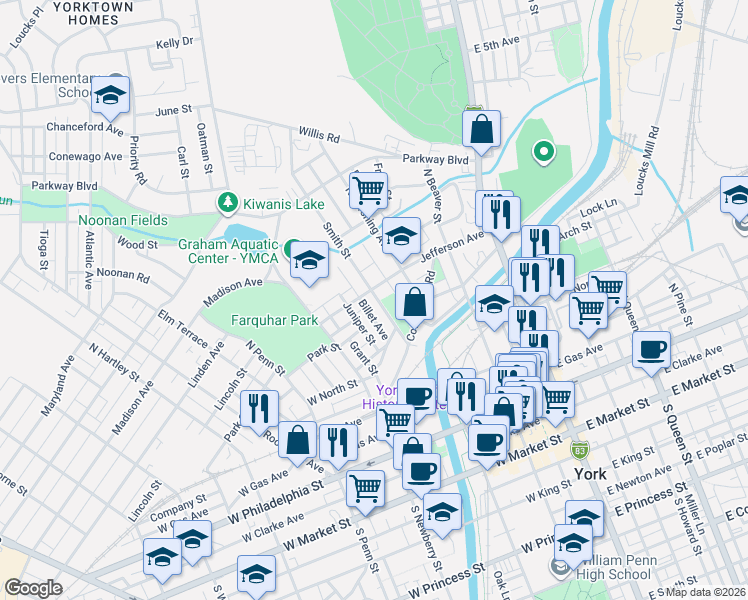 map of restaurants, bars, coffee shops, grocery stores, and more near 522 Smith Street in York