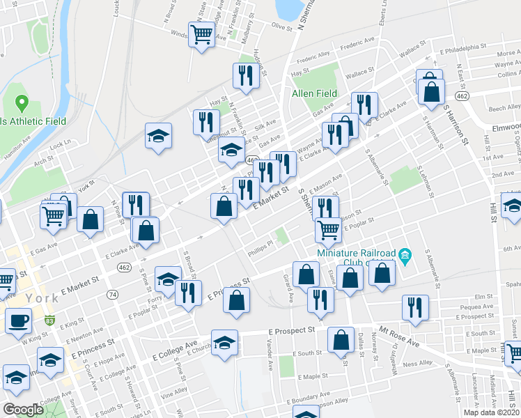 map of restaurants, bars, coffee shops, grocery stores, and more near 644 East Market Street in York