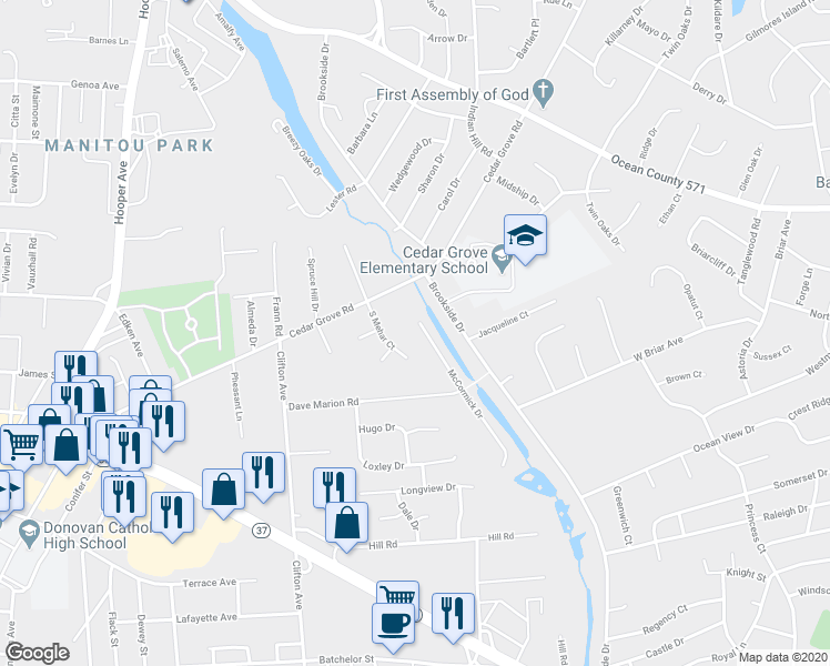 map of restaurants, bars, coffee shops, grocery stores, and more near 722 McCormick Drive in Toms River