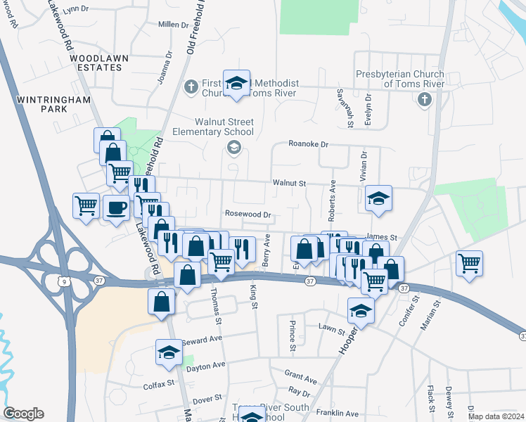 map of restaurants, bars, coffee shops, grocery stores, and more near 80 Rosewood Drive in Toms River