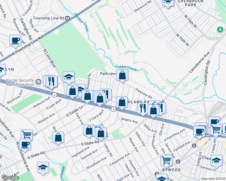map of restaurants, bars, coffee shops, grocery stores, and more near 138 North Fairview Avenue in Delaware County