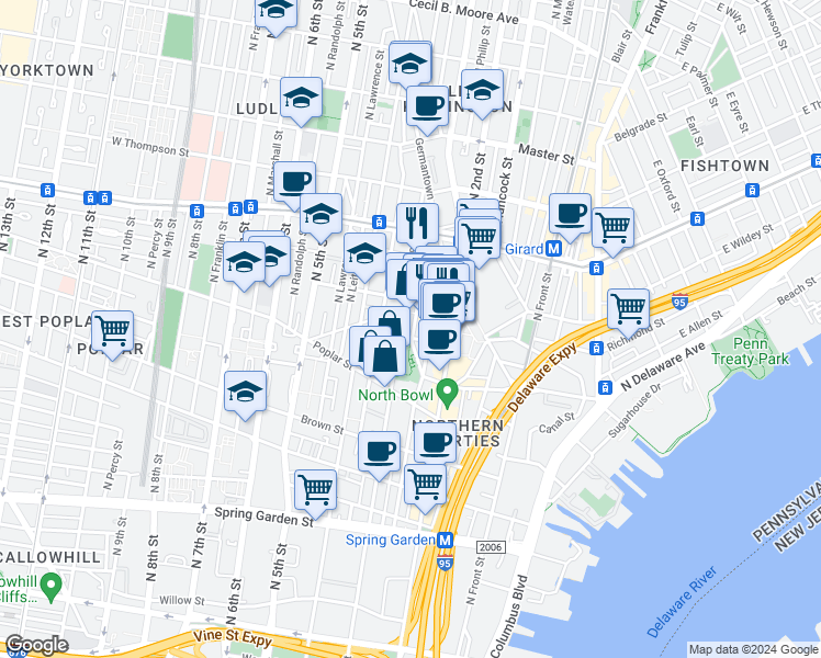 map of restaurants, bars, coffee shops, grocery stores, and more near 1031 North Orianna Street in Philadelphia