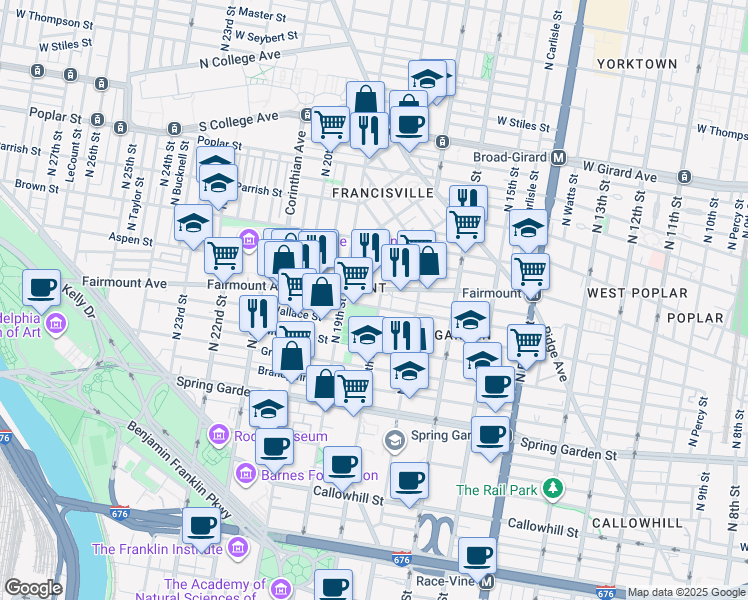 map of restaurants, bars, coffee shops, grocery stores, and more near 632 North 18th Street in Philadelphia