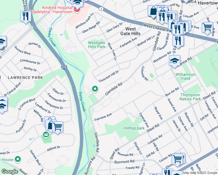 map of restaurants, bars, coffee shops, grocery stores, and more near 327 Francis Drive in Havertown