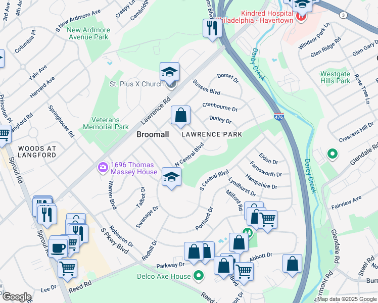map of restaurants, bars, coffee shops, grocery stores, and more near 264 North Central Boulevard in Broomall