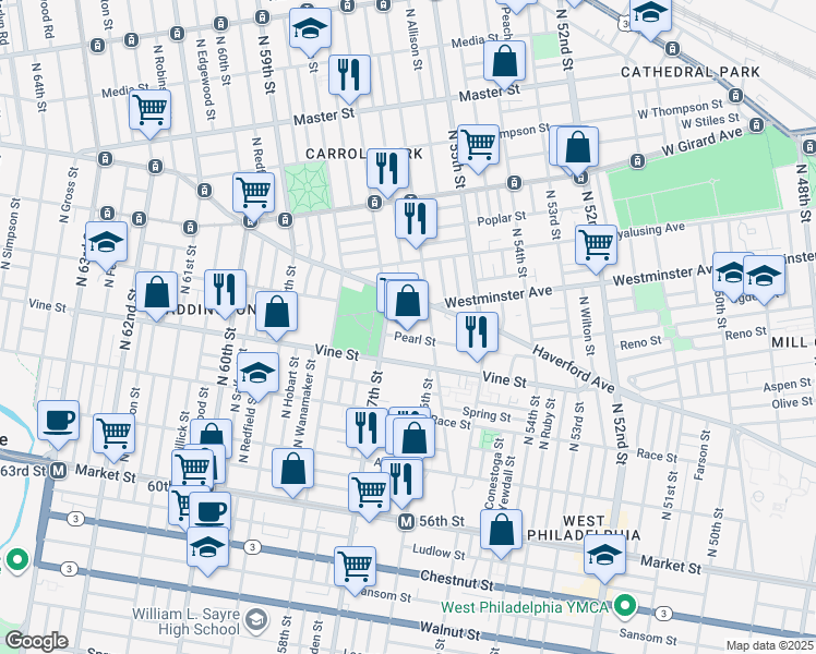 map of restaurants, bars, coffee shops, grocery stores, and more near 5612 Haverford Avenue in Philadelphia