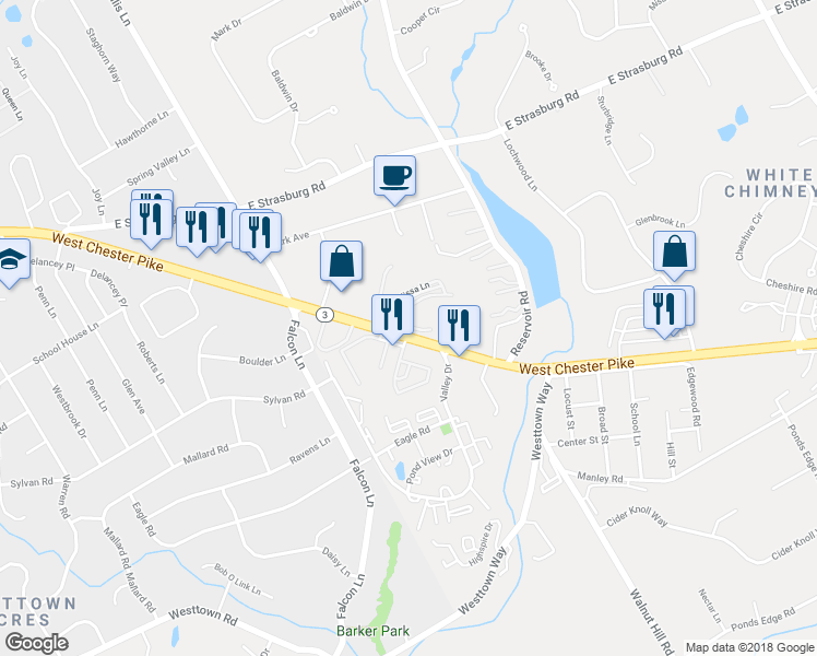 map of restaurants, bars, coffee shops, grocery stores, and more near 40 Mary Fran Drive in West Chester