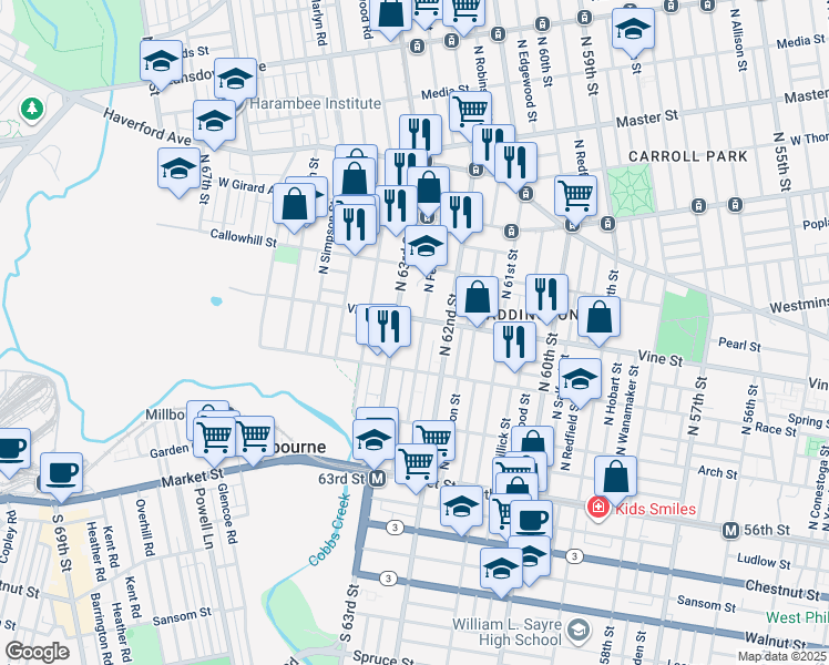 map of restaurants, bars, coffee shops, grocery stores, and more near 246 North Felton Street in Philadelphia