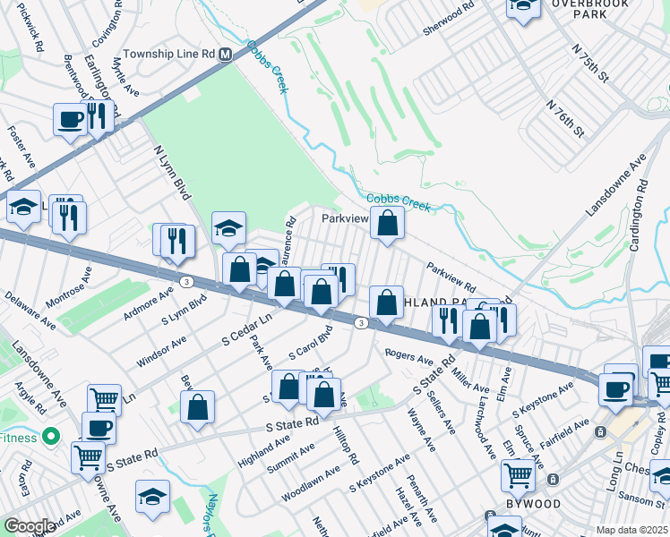 map of restaurants, bars, coffee shops, grocery stores, and more near 141 North Carol Boulevard in Delaware County