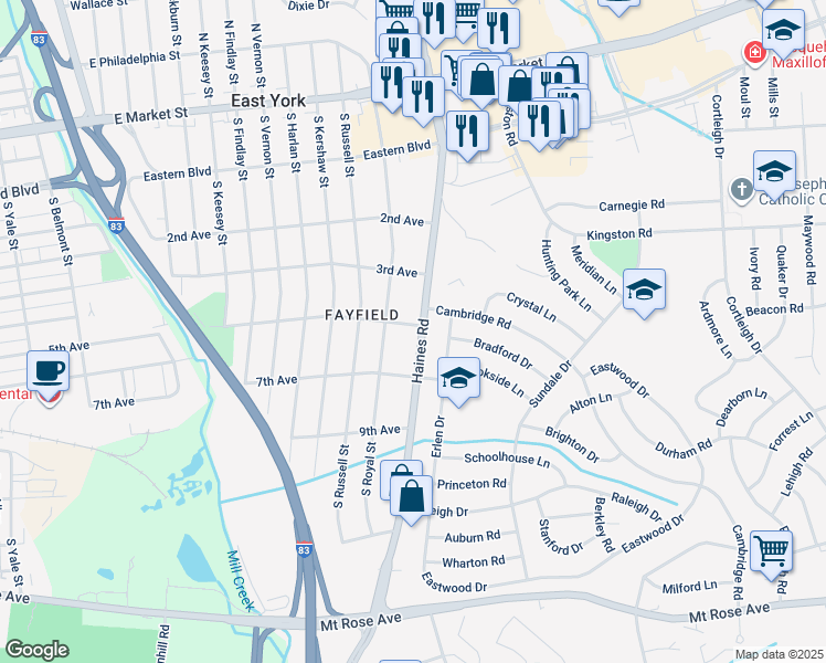 map of restaurants, bars, coffee shops, grocery stores, and more near 500 Haines Road in York