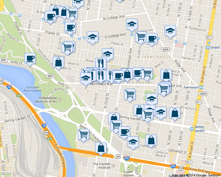 map of restaurants, bars, coffee shops, grocery stores, and more near 645 North 22nd Street in Philadelphia