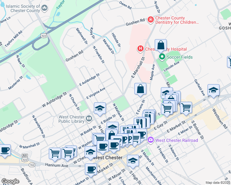 map of restaurants, bars, coffee shops, grocery stores, and more near 218 Dana Drive in West Chester