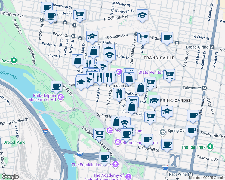 map of restaurants, bars, coffee shops, grocery stores, and more near 645 North 22nd Street in Philadelphia