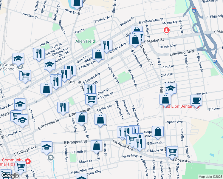 map of restaurants, bars, coffee shops, grocery stores, and more near 991 Edison Street in York