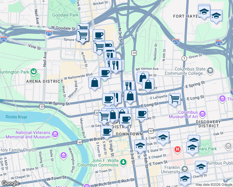 map of restaurants, bars, coffee shops, grocery stores, and more near 253 North 3rd Street in Columbus