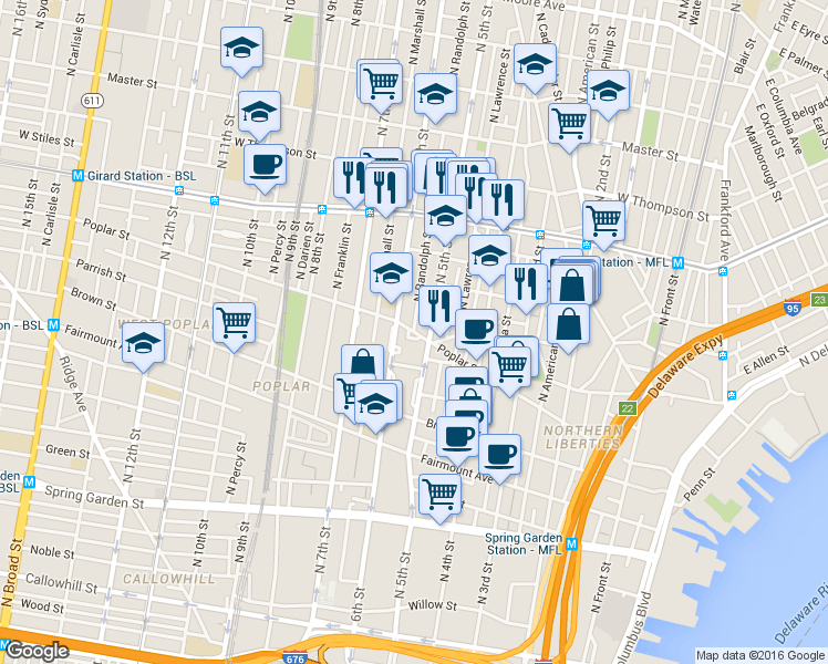 map of restaurants, bars, coffee shops, grocery stores, and more near Poplar Street & North Randolph Street in Philadelphia