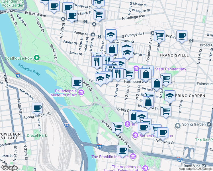 map of restaurants, bars, coffee shops, grocery stores, and more near Wallace Street in Philadelphia