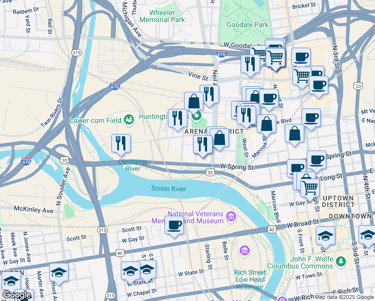 map of restaurants, bars, coffee shops, grocery stores, and more near 262 Hanover Street in Columbus