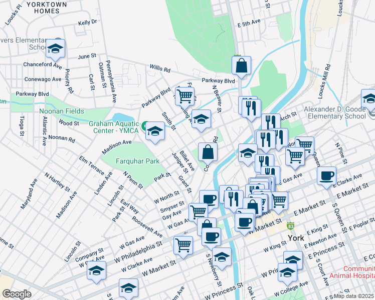 map of restaurants, bars, coffee shops, grocery stores, and more near 428 Smith Street in York
