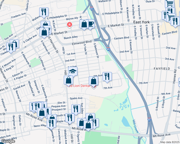 map of restaurants, bars, coffee shops, grocery stores, and more near 301 South Yale Street in York